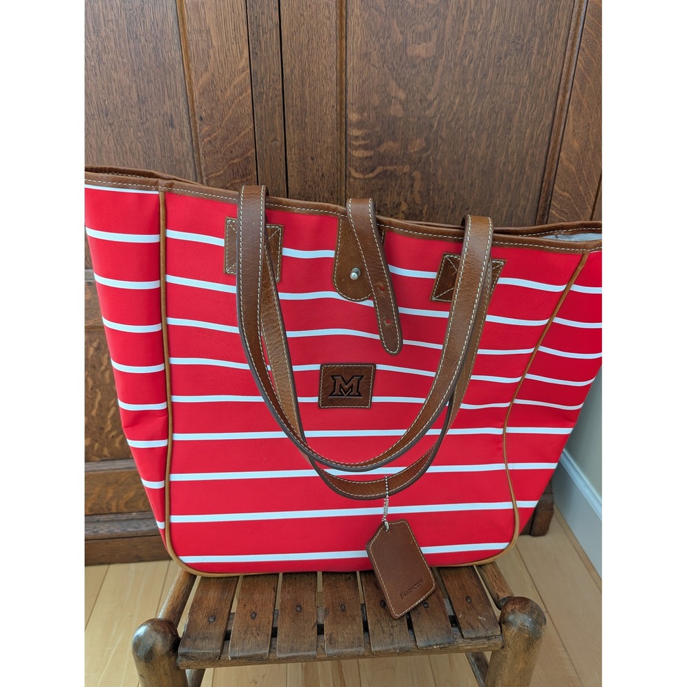 Barrington St Anne Red White Stripe Leather Trim Monogram M Canvas Tote Bag